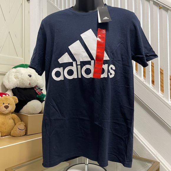 NWT Men Size Medium Adidas Short Sleeve Tee With Logo Print 100% Cotton In Navy - Picture 5 of 11